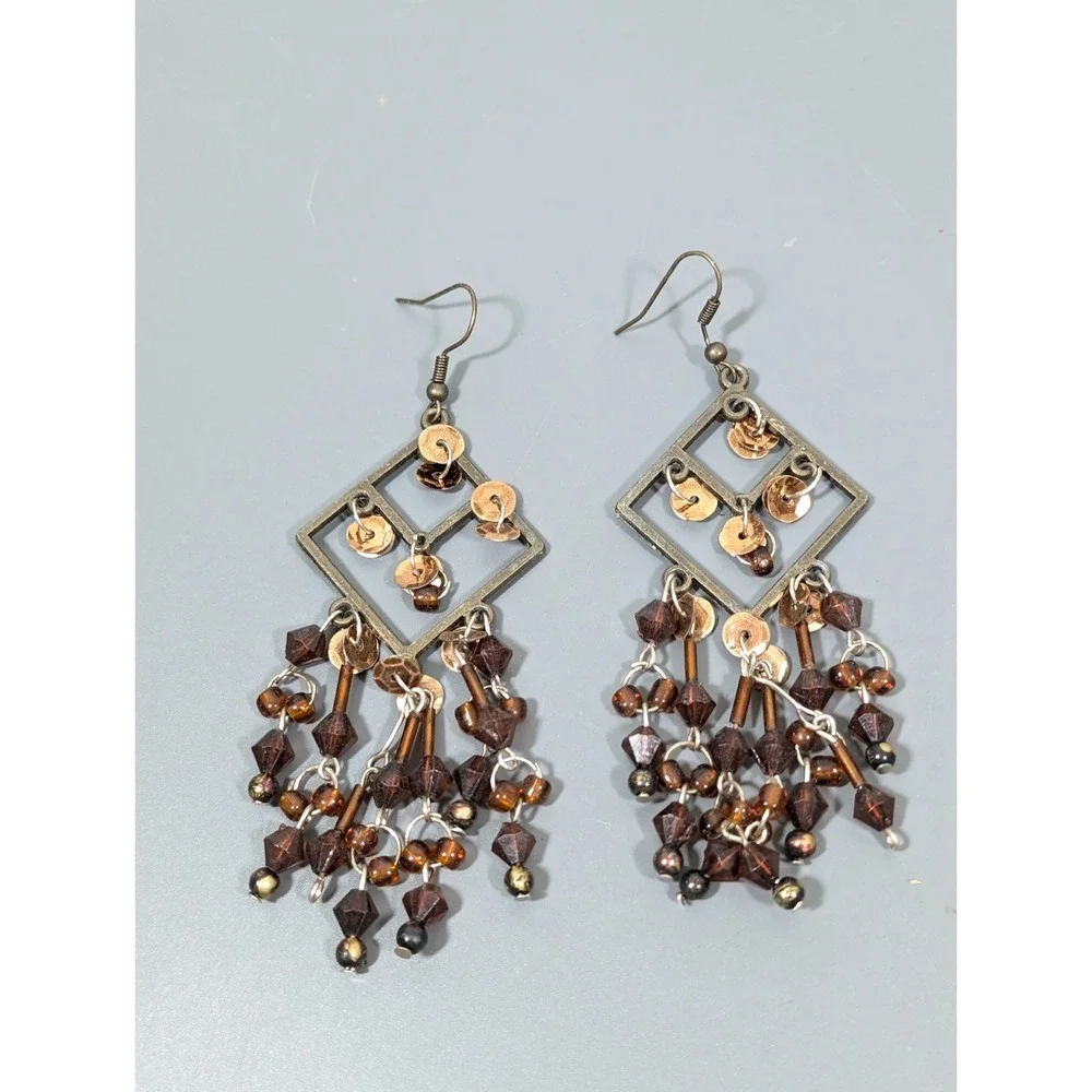 Boho Western Bronze Tone Brown Chandelier Dangle Long Earrings Festival‎